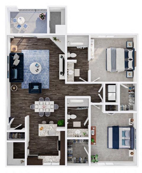 Floor plan for 2 beds, 2 baths, 1000 sqft